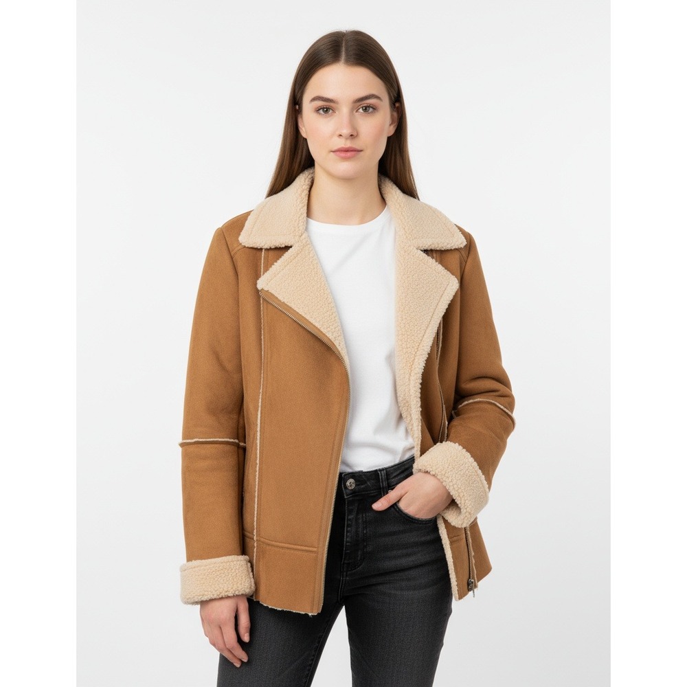 Velvet by Graham & Spencer Faux Sherpa Zip Up Jacket,‎ Rollup Cuffs, Tan, Size L
